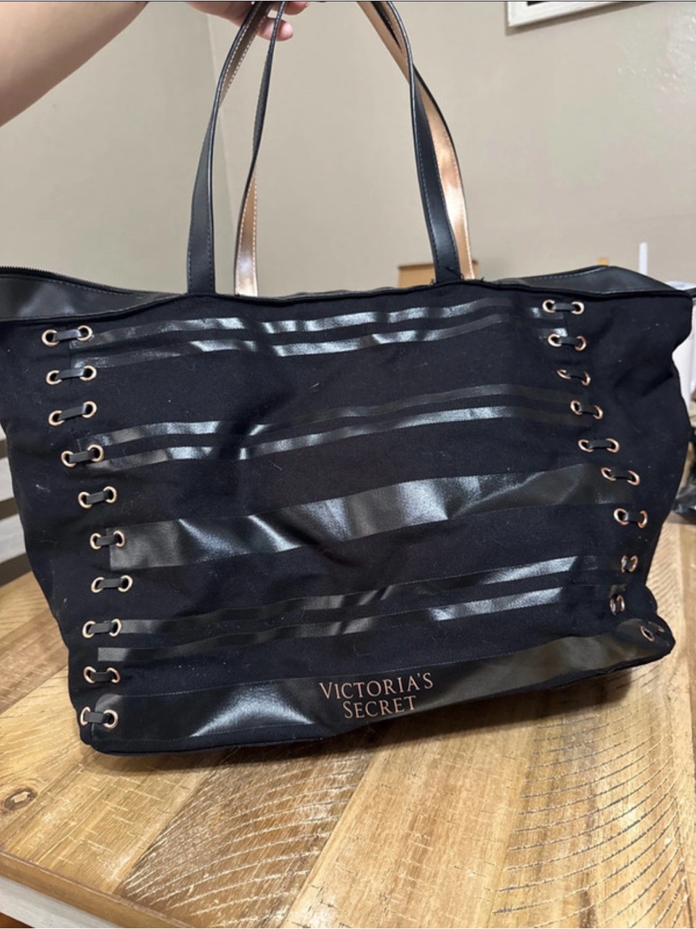 Victoria's Secret Black Tote with Glossy Stripe Detail